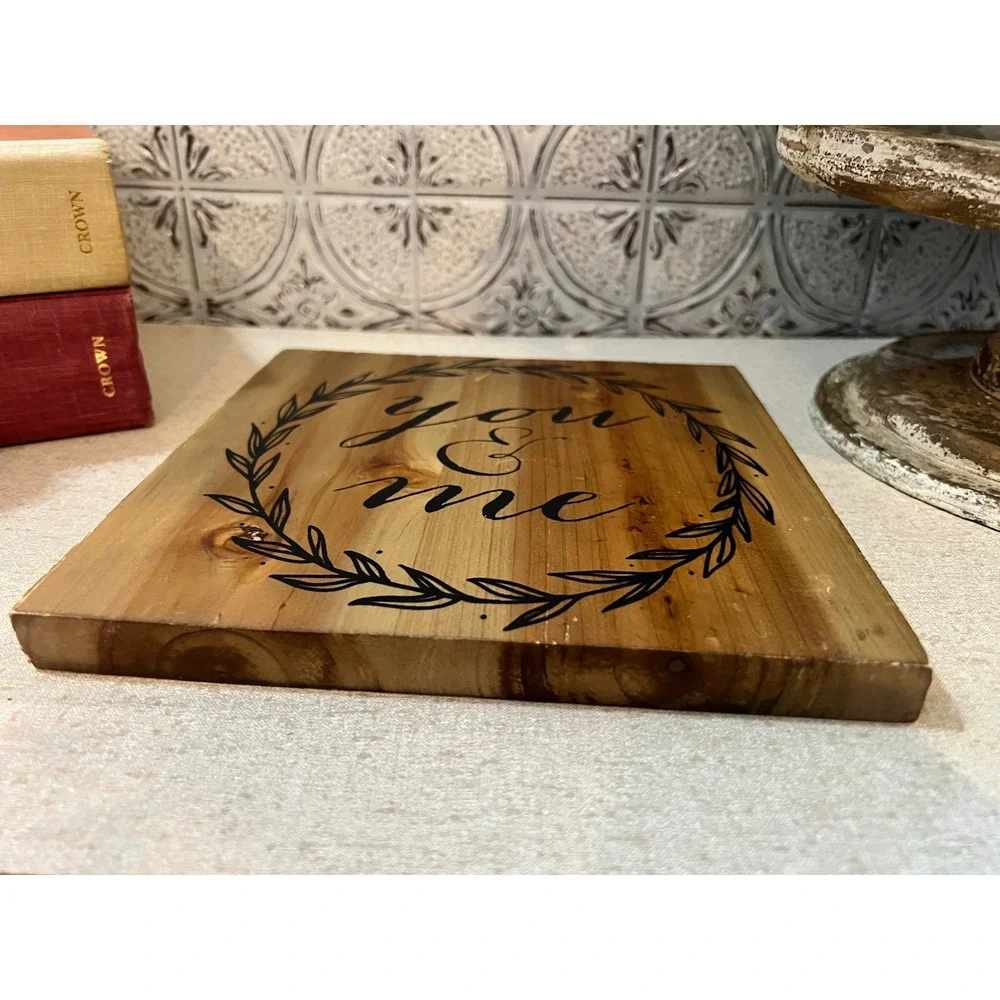 Rustic Wood Block Sign You & Me Farmhouse Wreath Square Plaque Decor 8x8